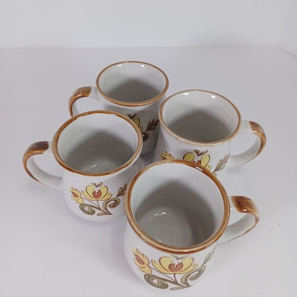 Vintage JMP Casualstone Korea Set of 4 Coffee Mugs Hand Painted Yellow Floral - Picture 3 of 10